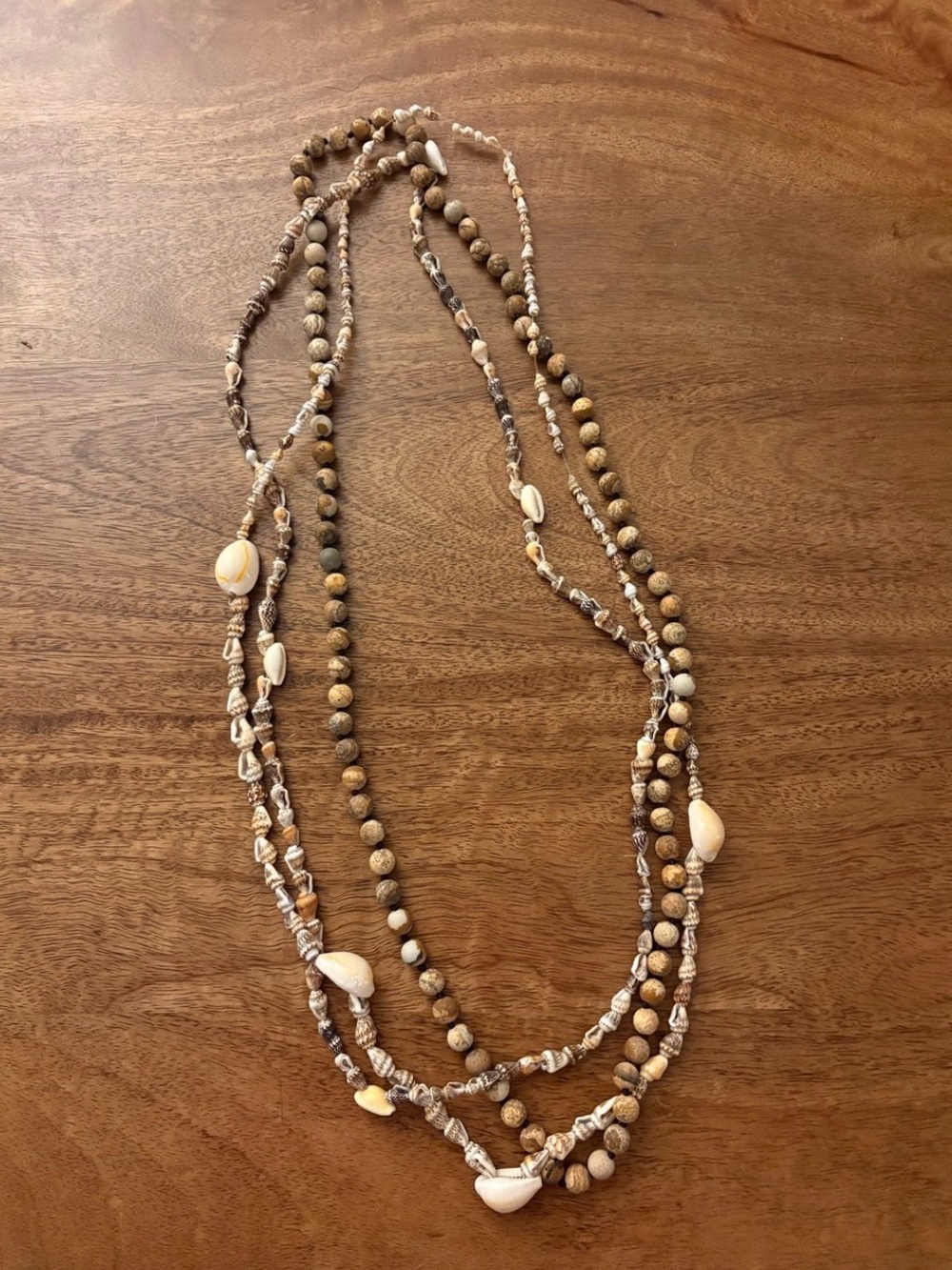 Multi-Strand Shell & Wood Bead Necklace in Natural Tones